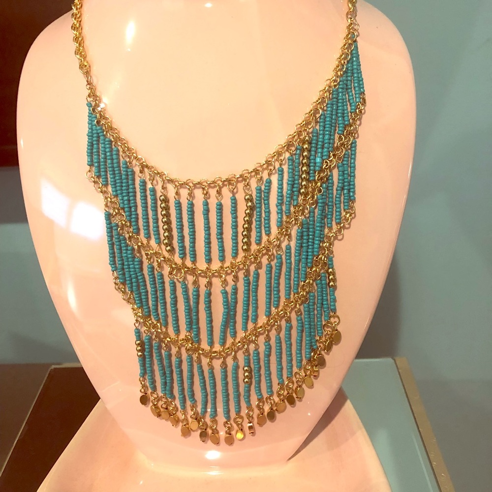 Turquoise and gold chandelier necklace.